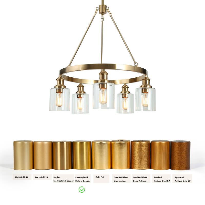 Oriva Modern 5-Light Gold Wagon Wheel Chandelier with Clear Glass Shades - Brushed Electroplated Copper - Dia.25"xH26.5"