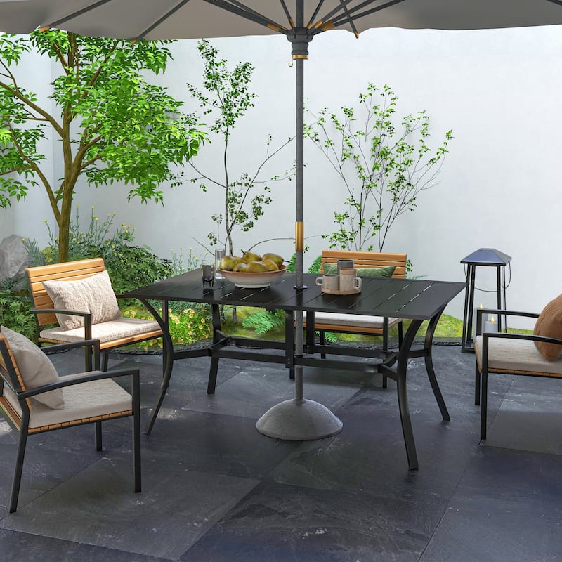 Rectangle Outdoor Dining table for 6 People, Steel Rectangular Patio table with Umbrella Hole - Black