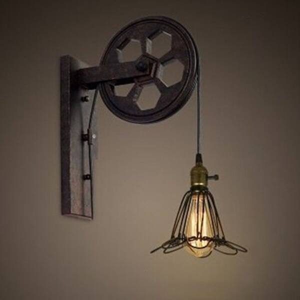 Vintage Industrial Cage Wall Light Fixture Rustic Swing Arm Wheel Wall Sconce