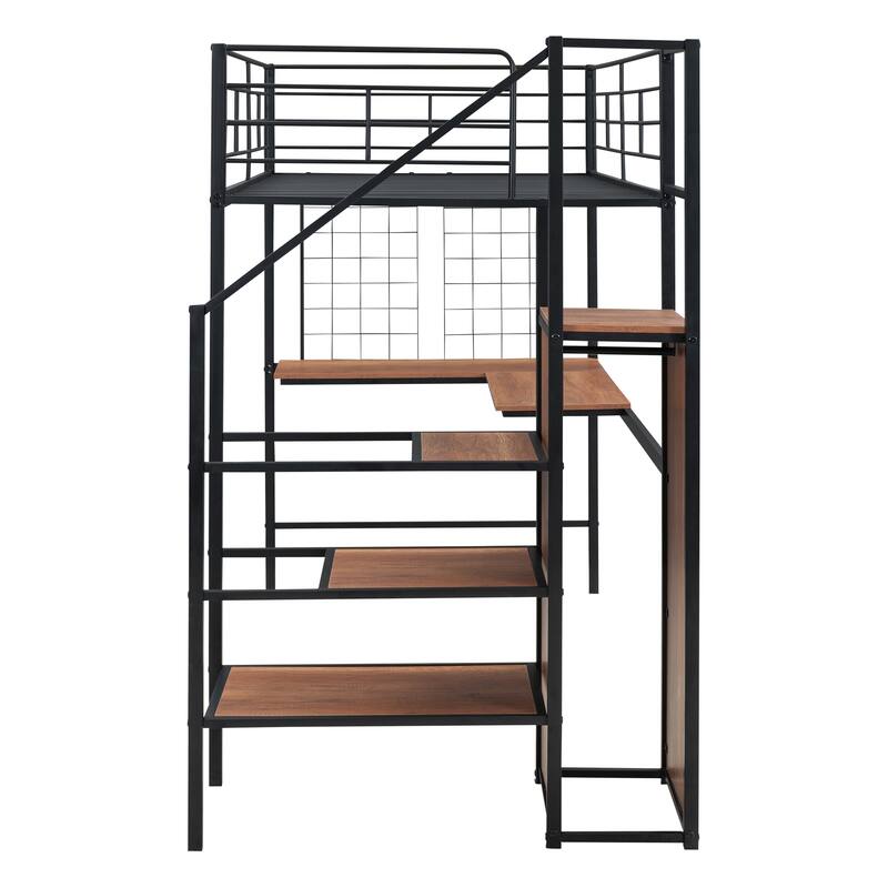 Twin Metal Loft Bed with Desk, Wardrobe, and Storage Ladder, Black