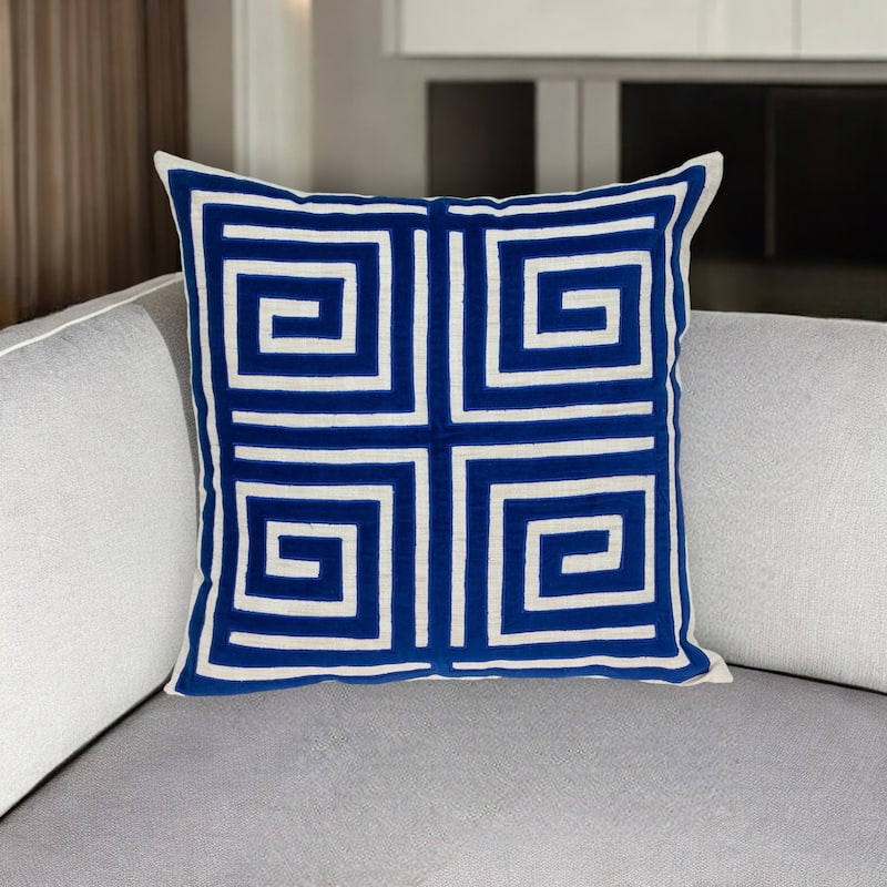 22" Beige and Blue Poly Cotton Blend Throw Pillow with Embroidery and applique - Polyester - Single - 22.00 in. x 22.00 in. x 6.00 in. - Pillow Sets - Beige/Blue