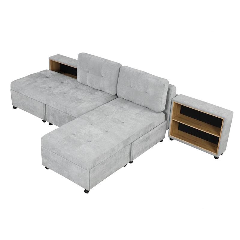 121.2" Chenille Modular Sofa Bed with Two Storage Racks, Free-Combined Design, and Smooth-Rolling Wheels