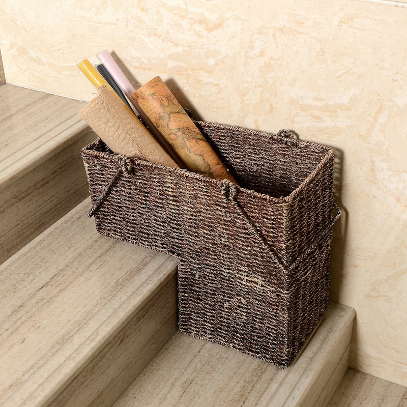 14-Inch Wicker Stair Case Basket with Handles | Handmade Woven Seagrass in Brown by Villacera