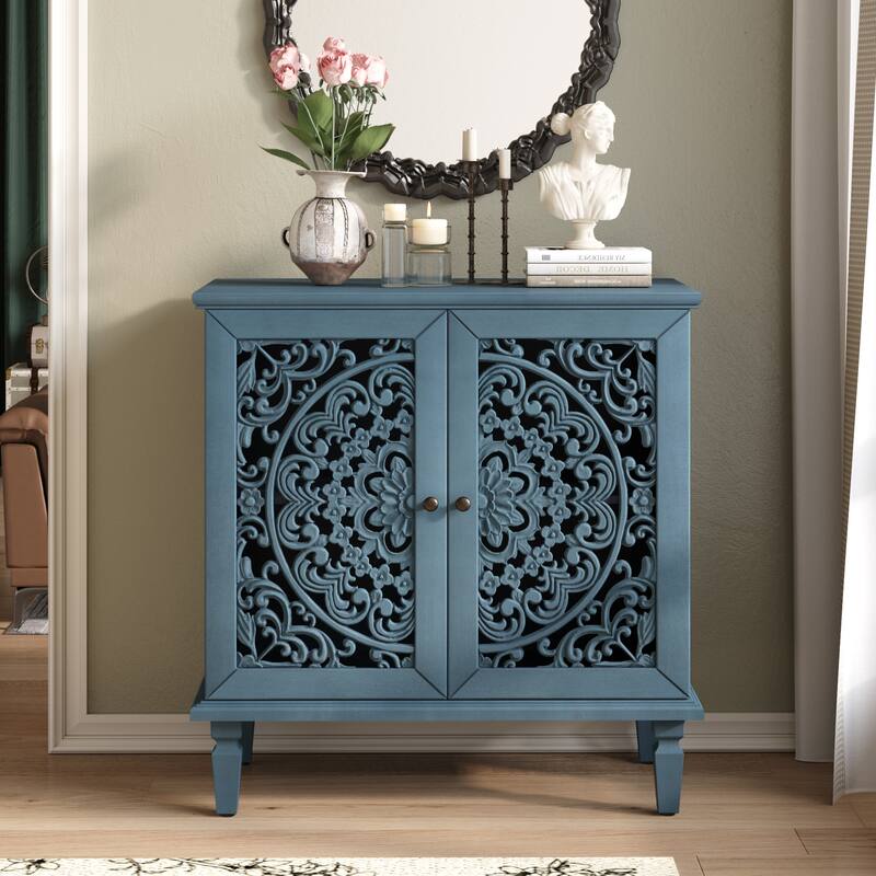 Roomfitters 2-Door Hollow-Carved Accent Cabinet, Symmetrical Floral Sideboard with Adjustable Shelf