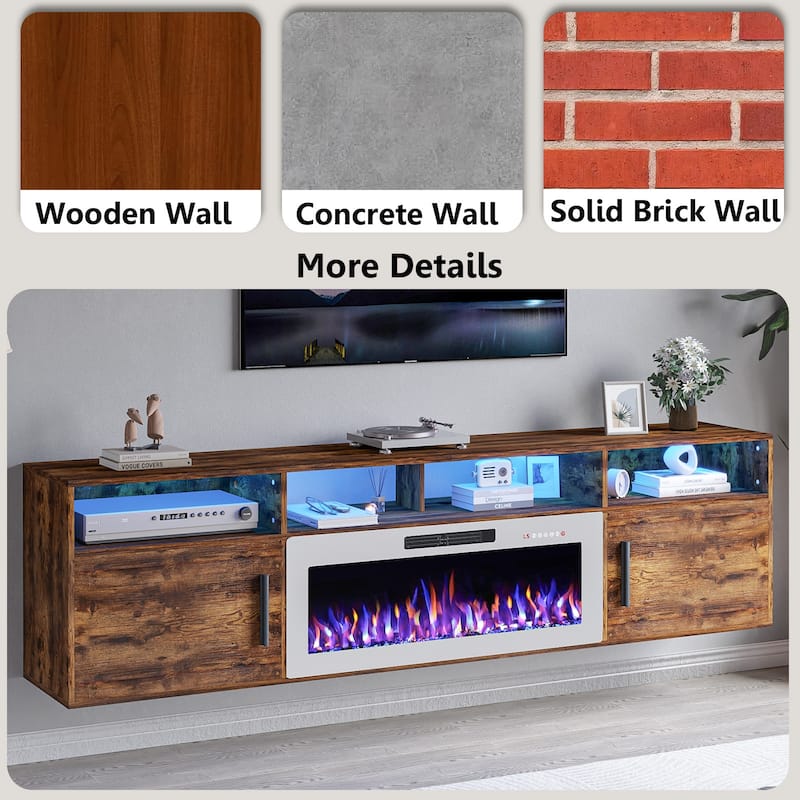 BOSSIN 80" Floating TV Stand with 36" Electric Fireplace, High Gloss Finish Wall Mounted Fireplace TV Stand with Storage