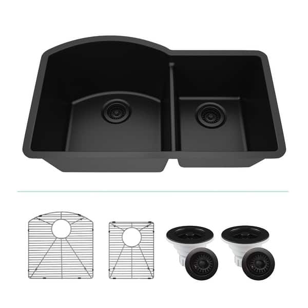 slide 2 of 13, Lexicon Platinum Quartz 32 Inch 70/30 Double Bowl Kitchen Sink with Bottom Grids and Strainers and Disposal Flange Galaxy Black