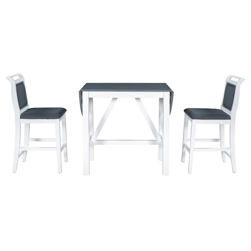 3-Piece Wood Counter Height Drop Leaf Dining Table Set with 2 Upholstered Dining Chairs, Kitchen Island Side Table