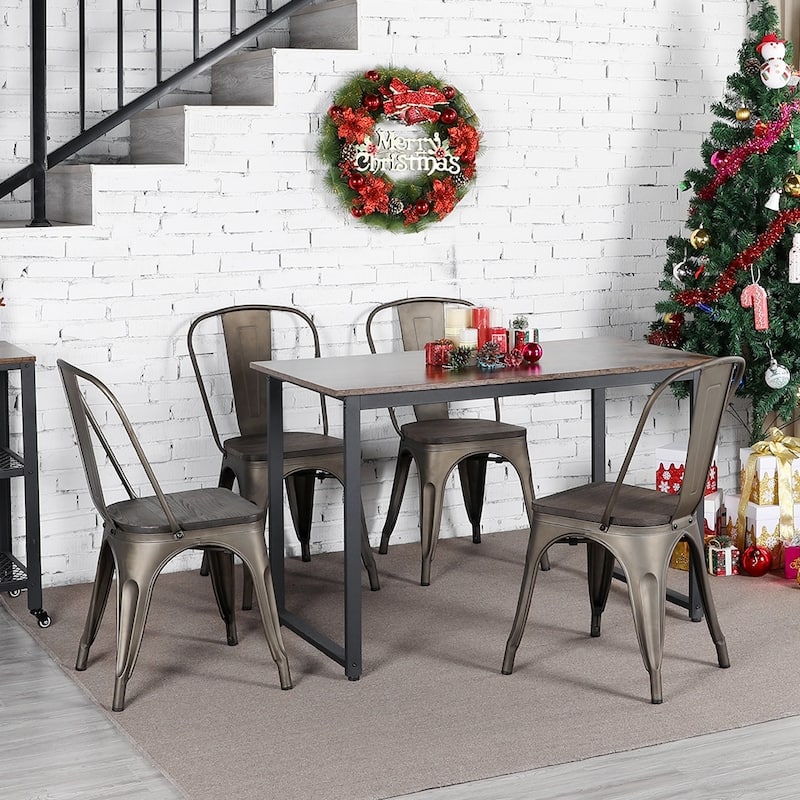 Yaheetech Set of 4 Metal Dining Chair Bistro Bar Stools with Wooden Stackable Chairs for Home - Mental