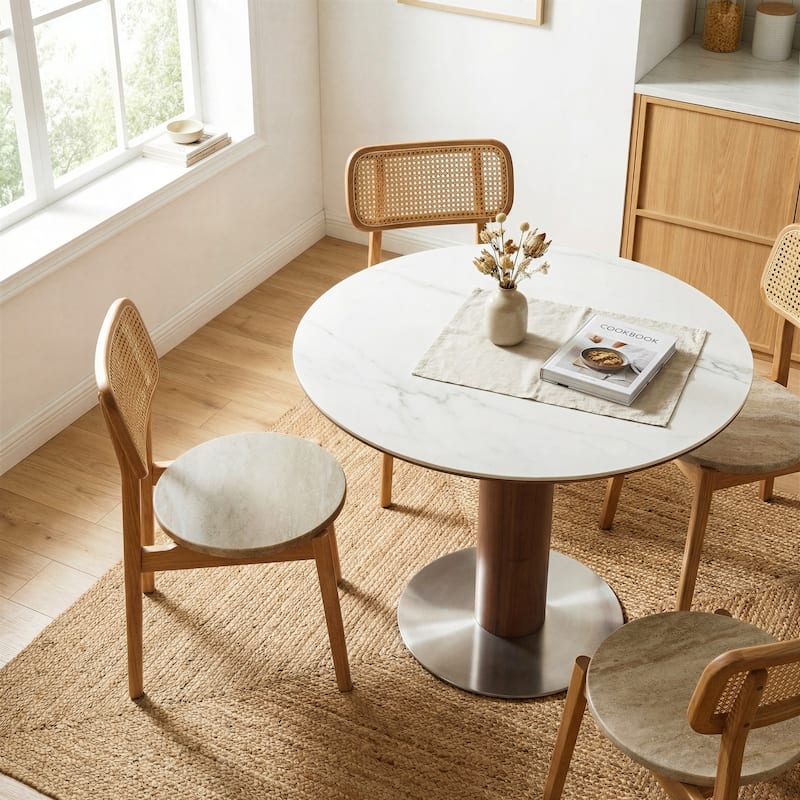 31.5" Solid Wood Round Dining Table for 2-4, Small Circle Kitchen Table with Stainless Steel Pedestal, Sintered Stone Top