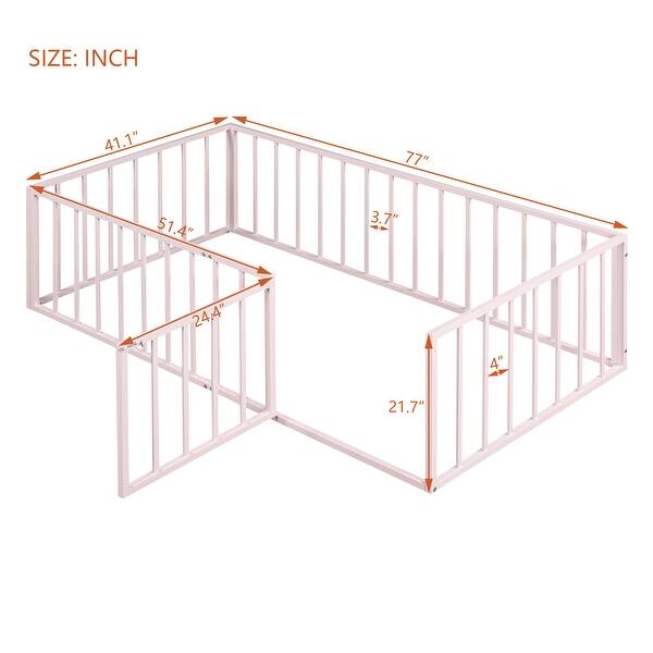 dimension image slide 0 of 2, Twin Size Metal Floor Bed Frame with Fence & Door, for Kids