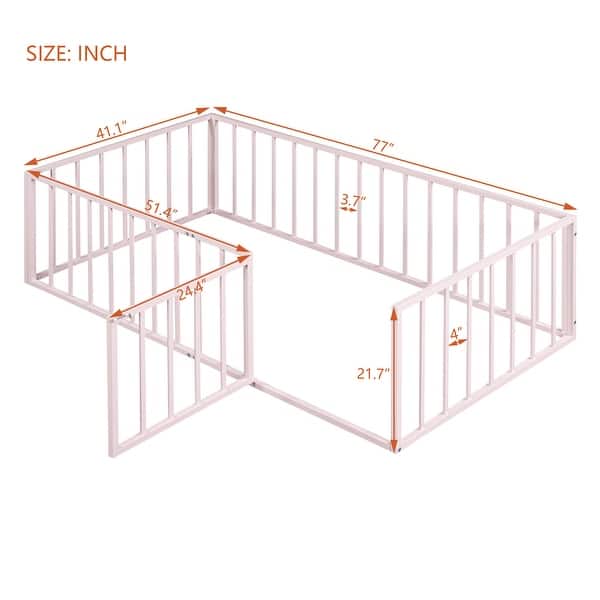 dimension image slide 0 of 2, Twin Size Metal Floor Bed Frame with Fence and Door for Kids' Bedroom