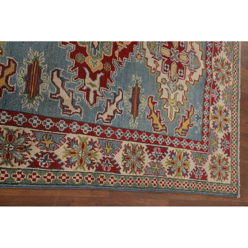 Light Blue Geometric Kazak Area Rug Hand-Knotted Wool Carpet - 4'10" x 6'7"