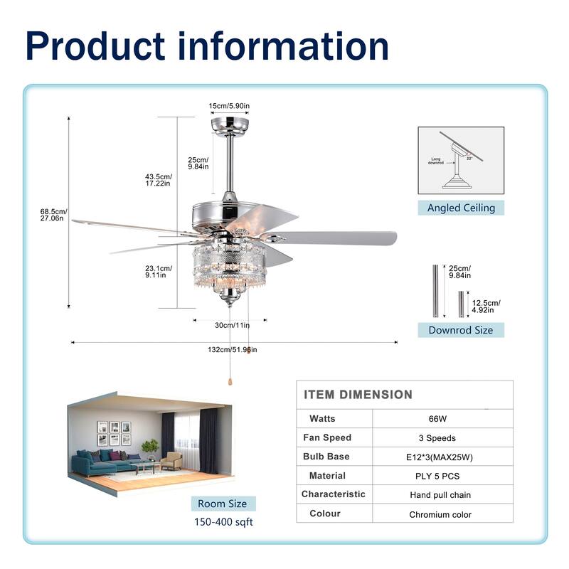 Classic Crystal Ceiling Fan Light with 5 Blades and Speed Adjustment, Reversible Motor for Bedroom and Living Room