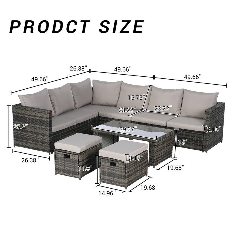 6-Piece Outdoor Patio Rattan Conversation Sectional Sofa Set with Tempered Glass Coffee Table