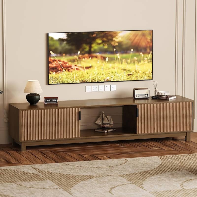 Wood Mid-Century 70'' Modern Fluted TV Stand Entertainment Center with Storage Cabinet for Living Room - N/A - Brown