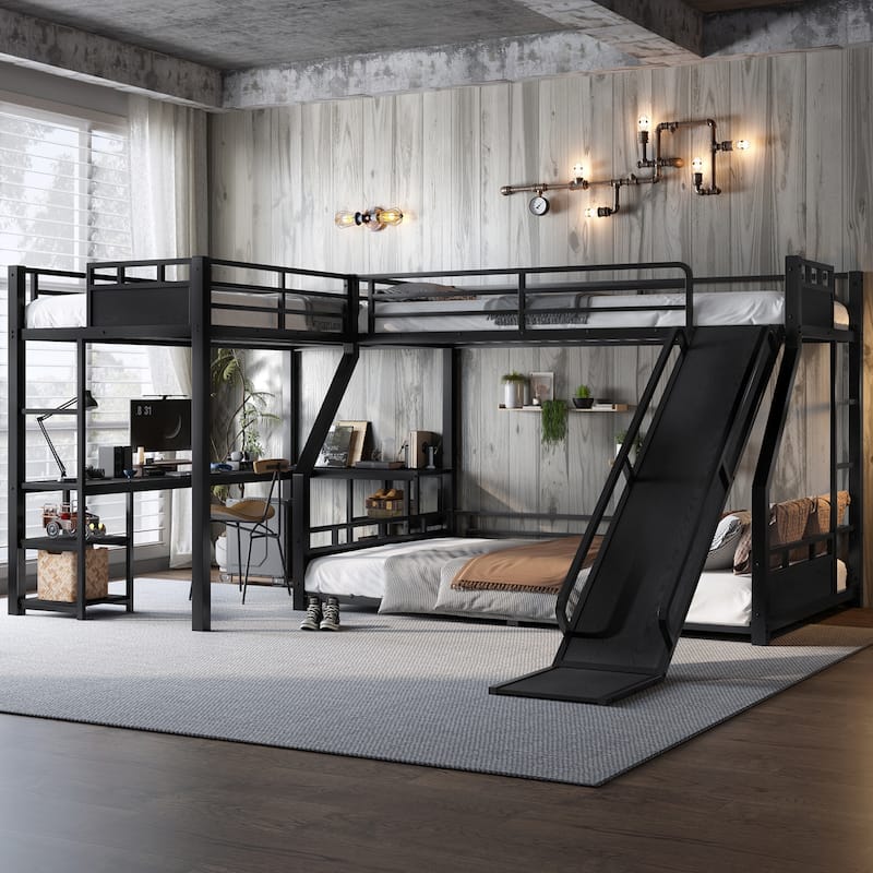L-shaped Triple Bunk Bed with Loft Bed and Bunk Bed, Metal Storage Bed Frame with Integrated Desk, Open Shelves and Slide