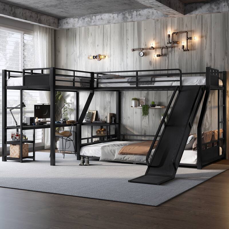 Roomfitters L-Shaped Metal Triple Bunk Bed with Desk and Slide, Black