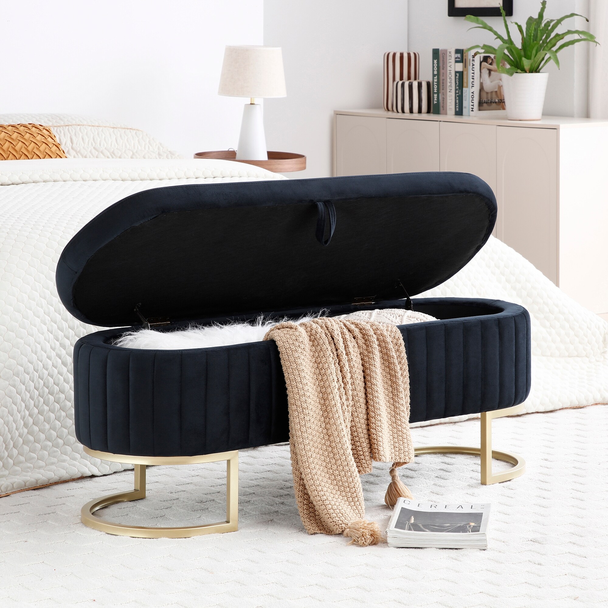 Black Velvet Storage Bench Upholstered with Golden Legs 50 Inch Modern Ottoman Bed Bath Beyond 41149357