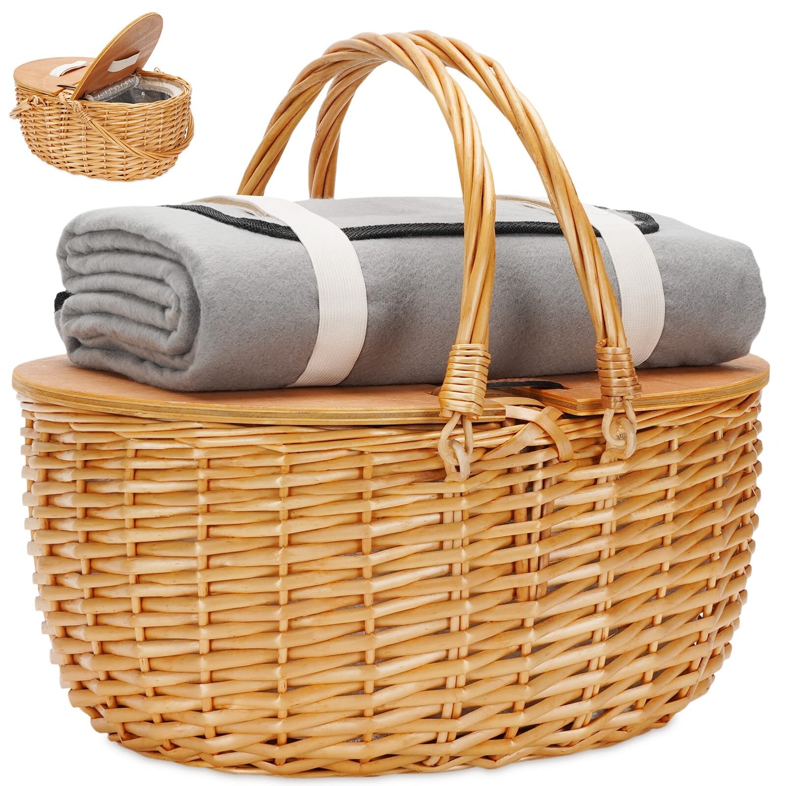 thumbnail image 2 of Vintage Wicker Picnic Basket With Liner & Wooden Lid - 10.6x15x7 Inches, Folding Handle, For Outdoor Picnics & Storage 2 of 11