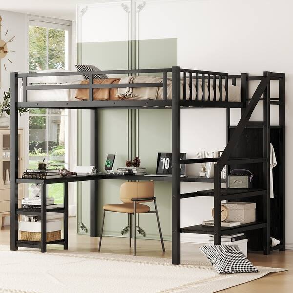 slide 2 of 14, Ful Size Metal Loft Bed with Wardrobe, LED Light, L Shaped Desk and USB for Kids Teens Adults Black