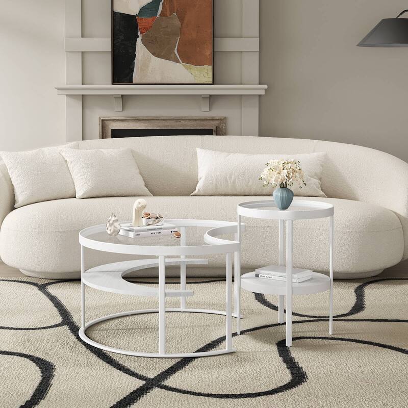 Modern Minimalist Round Coffee Table Set with Tempered Glass Top and Open Wood Storage Shelves