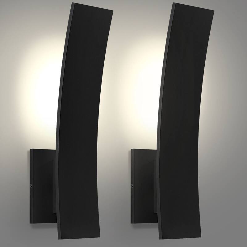 LUXRITE 15-Inch LED Curved Outdoor Wall Sconce, 5CCT, 1000LM, 15W, IP65, Dimmable, Exterior Light Fixture Black 2 Pack - 5CCT (2700K/3000K/3500K/4000K/5000K)