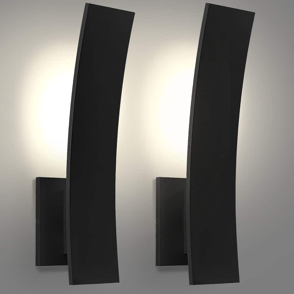 LUXRITE 15-Inch LED Curved Outdoor Wall Sconce, 5CCT, 1000LM, 15W, IP65, Dimmable, Exterior Light Fixture Black 2 Pack