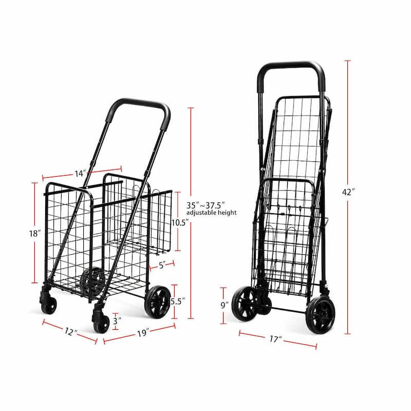 Costway Folding Shopping Cart Jumbo Basket Rolling Utility Trolley - 17'' x 19'' x 35''/37.5''