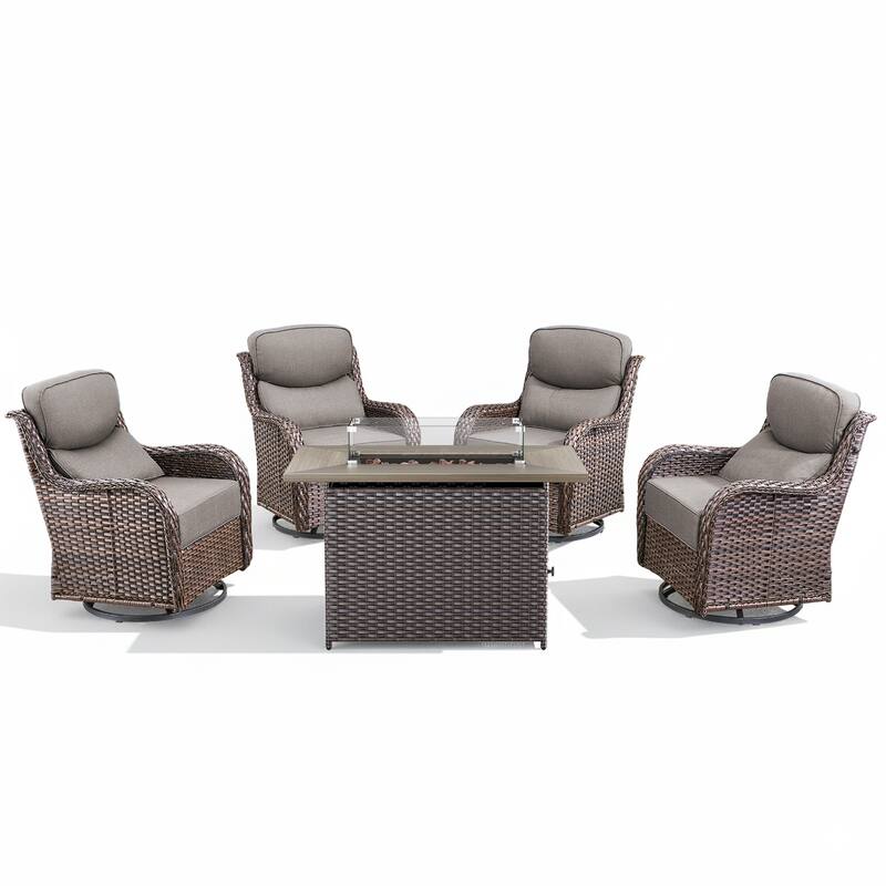 Arcadia 5-Piece Patio Conversation Set with 4 Swivel Glider Chairs and Wicker Fire Pit