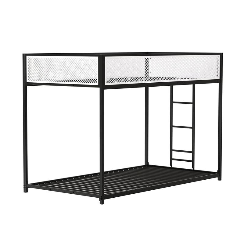 Contemporary Twin Over Twin Metal Bunk Bed with Ladder, Black Finish, Full Metal Construction
