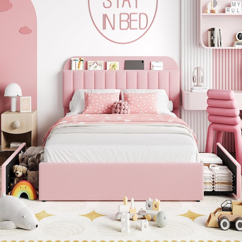 Bed Frame with 2 Drawers, Boucle Upholstered