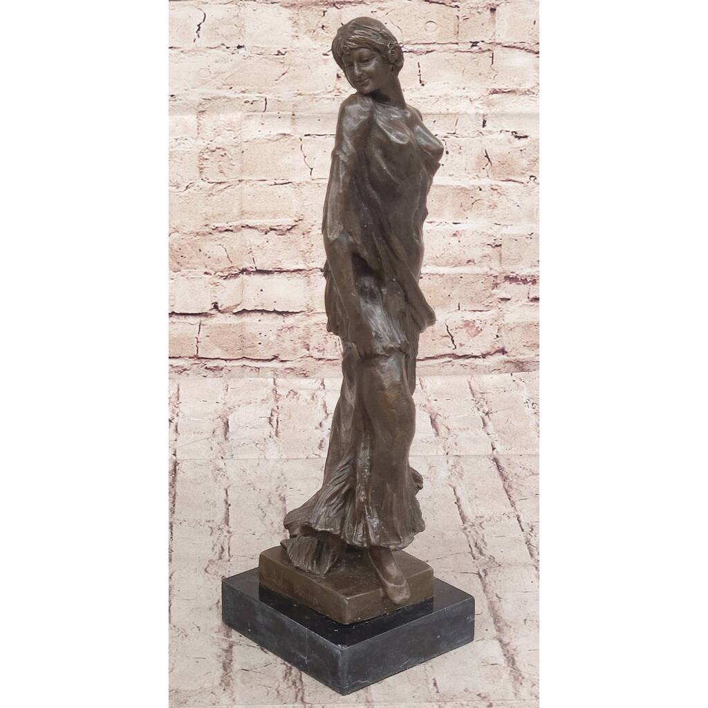 Smiling Coy Classical Female Figure Bronze Statue Sculpture On Marble Base By Aldo Vitaleh
