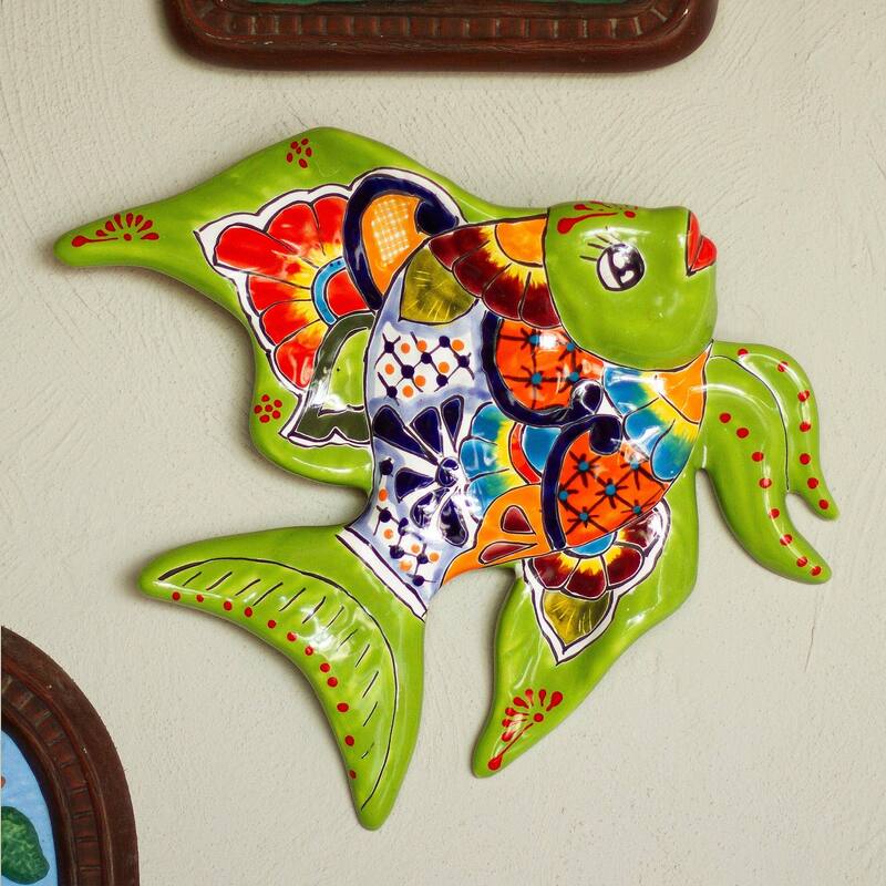 NOVICA Ceramic wall sculpture, 'Green Angelfish'