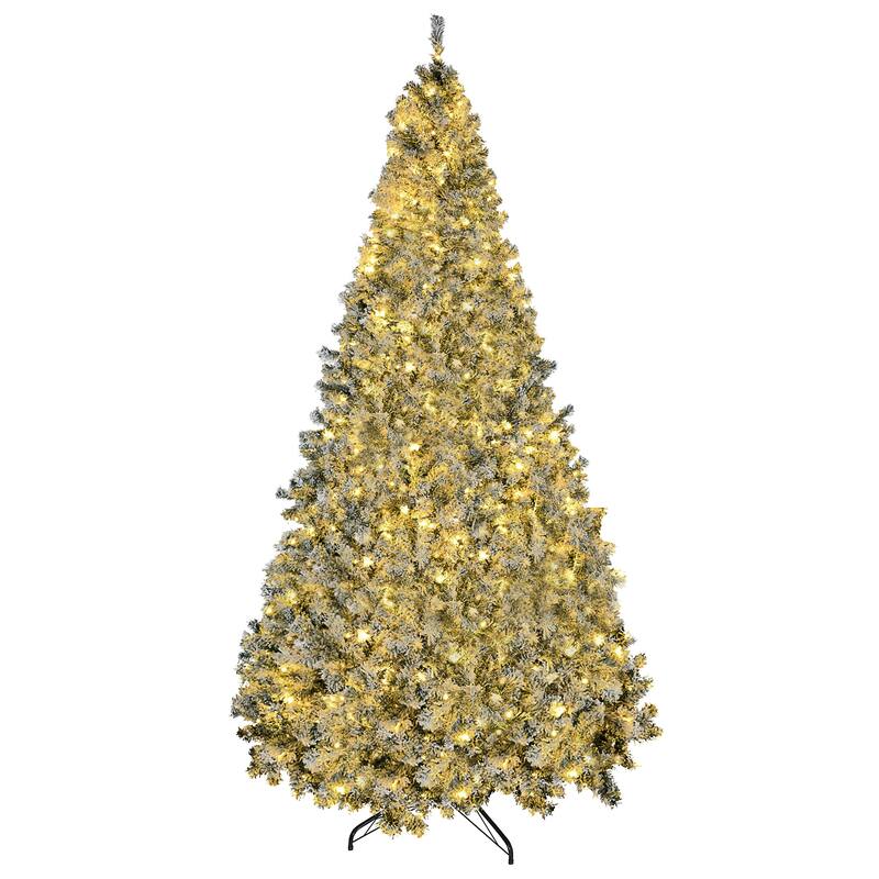 HOMCOM 9ft Tall Prelit Artificial Christmas Tree Holiday Décor with 1868 Snow Flocked Branches, 600 Warm White LED Lights
