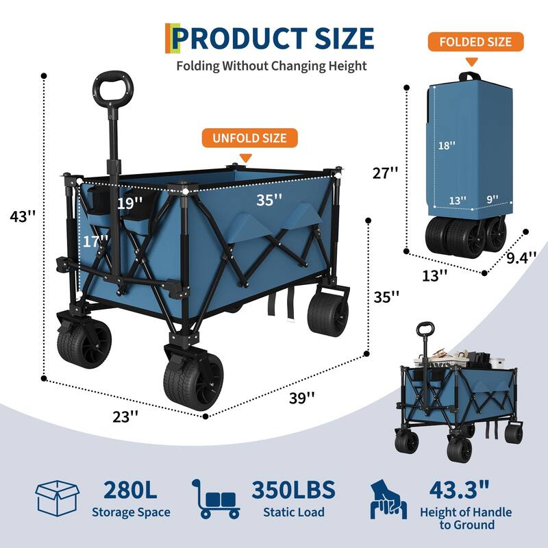 Folding All Terrain Utility Wagon Cart with Wheels and Cup Holders