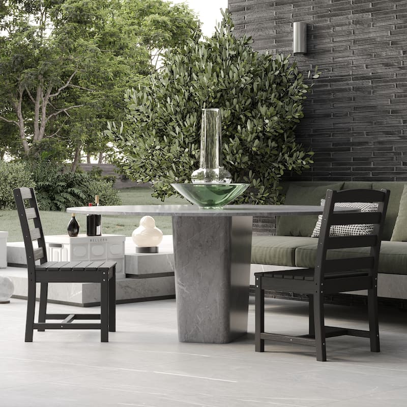 Outdoor Dining Table and Chair Set: HDPE Material, Wood - Grain Design
