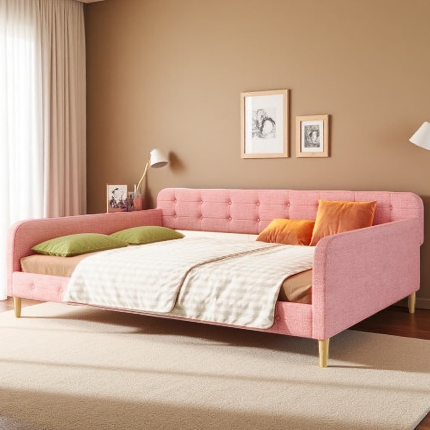 Queen Size Gray Linen Upholstered Daybed - Solid Pine & MDF Frame, 4 Support Legs, No Box Spring Needed