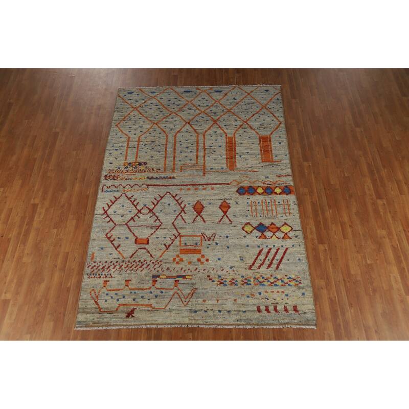 Moroccan Oriental Area Rug Hand-Knotted Grey Wool Carpet - 6'8" x 9'10"