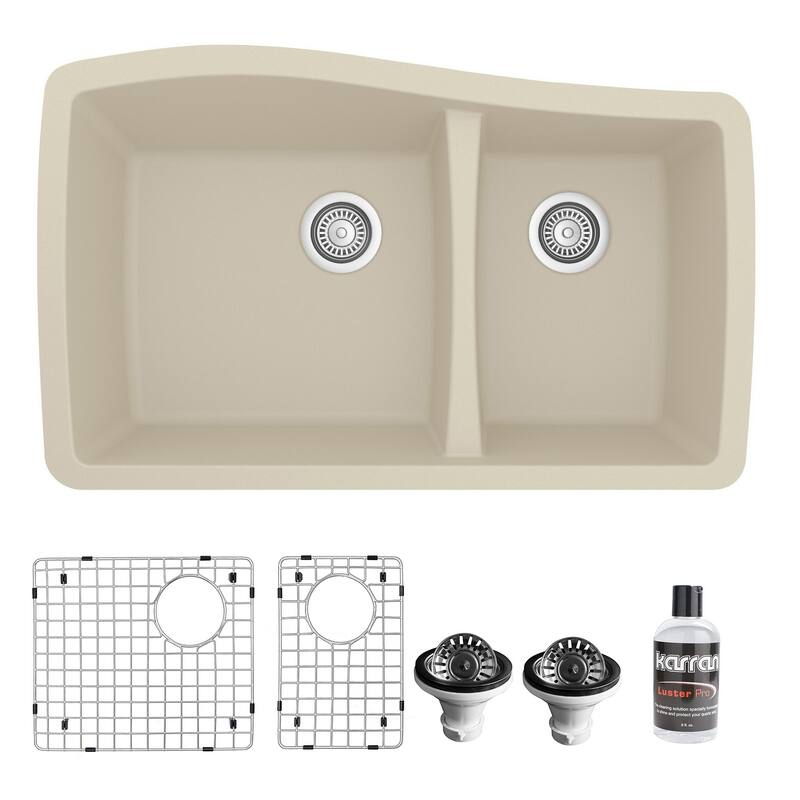 Karran Undermount Quartz 33 in. Double Bowl 60/40 Kitchen Sink with Bottom Grids and Strainers - Bisque