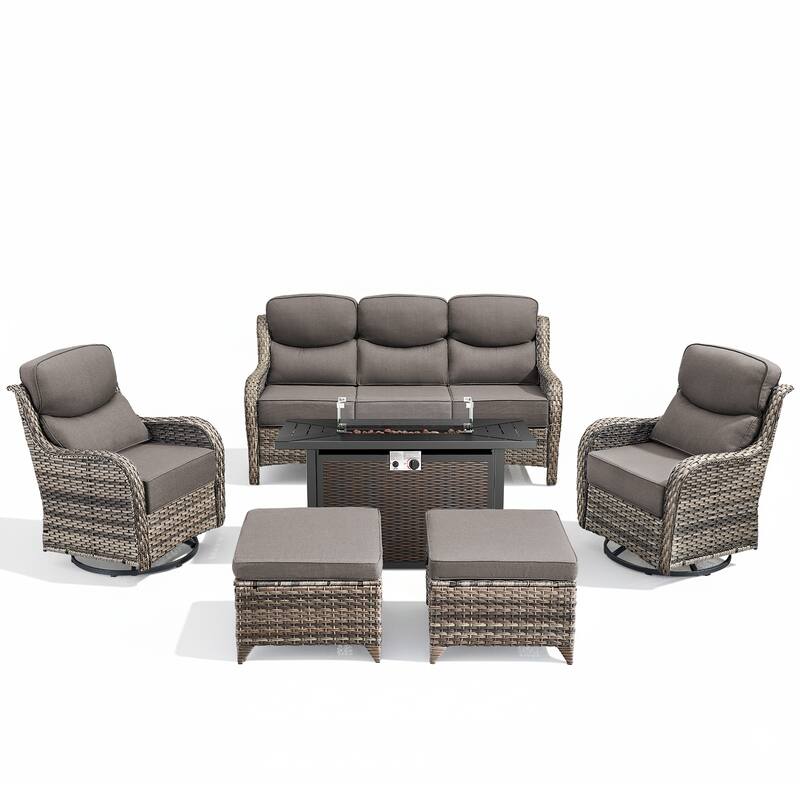 Arcadia 6-Piece PE Wicker Patio Seating Set with Durable All-Iron Fire Pit and 6-Inch Cushions