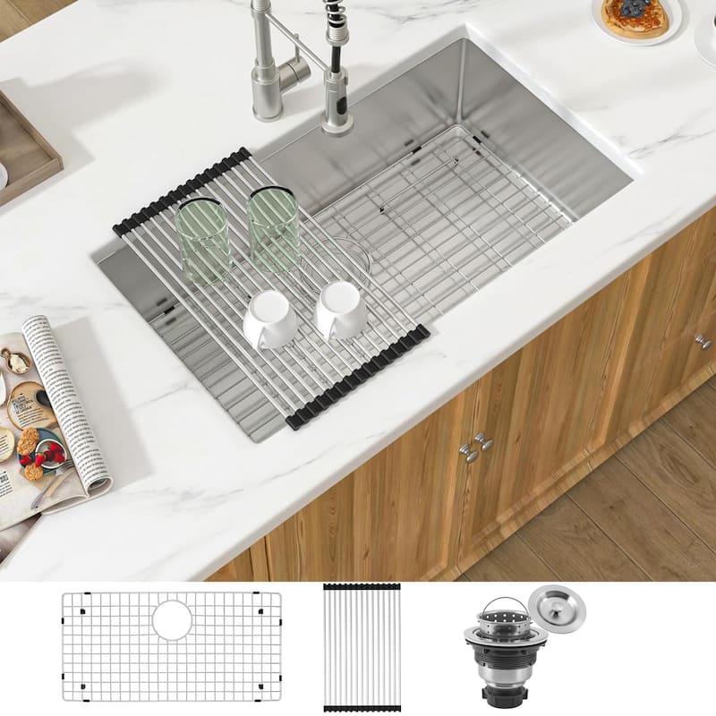 CB HOME 32'' Gold/Black/Sliver Drop in Kitchen Sink with Accessories, Undermount Single Bowl Sink with Grid&Roll up Rack&Drainer