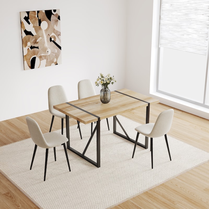 55" MDF Dining Table and Modern Dining Chair Set of 4, Metal Base & Legs, Dining Room Table and Linen Chairs - Natural+Beige