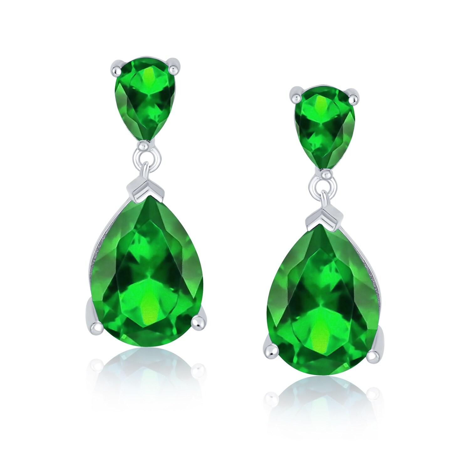 Oval Hanging Earrings Simulated Emerald Clear Simulated CZ .925 Sterling Silver 