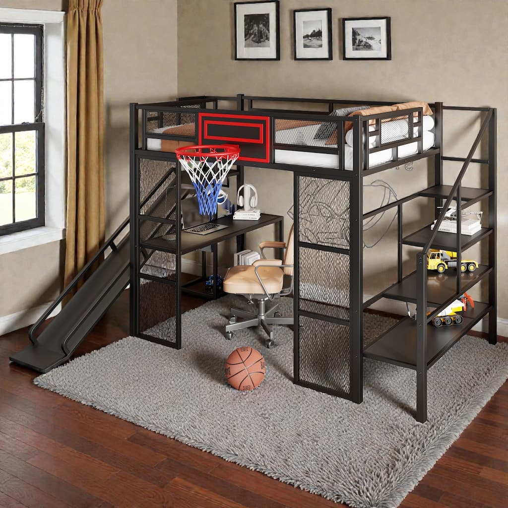 Full Size Metal Loft Bed with Desk, Open Wardrobe, Slide, Staircase Storage and Basketball Hoop