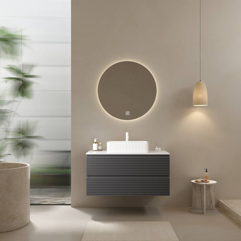 GDFStudio - Vedo Modern Floating Bathroom Vanity with Striped Drawer Fronts & White Ceramic Vessel Sink, WITHOUT Faucet