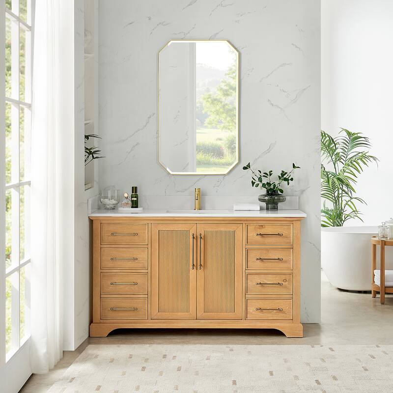 Tokyo Bath Vanity with Quartz Stone Top without Mirror - 60in. Single Sink - Oak Natural Brown