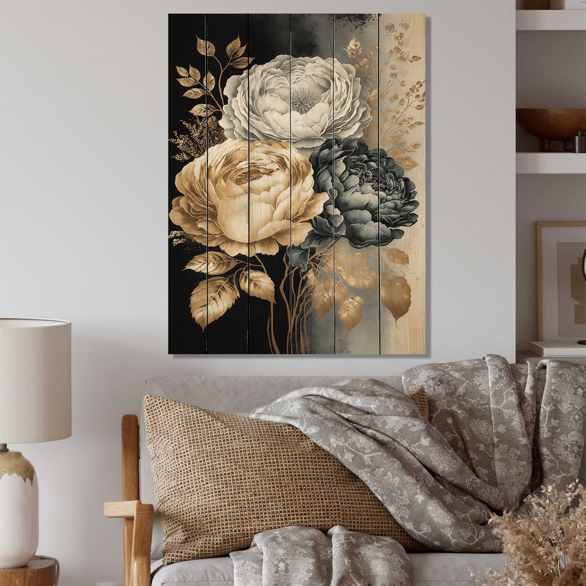 Designart 'White, Gold And Black Rose Bouquet I' Floral Rose Wood Wall Art  Natural Pine Wood On Sale Bed Bath  Beyond 37860954