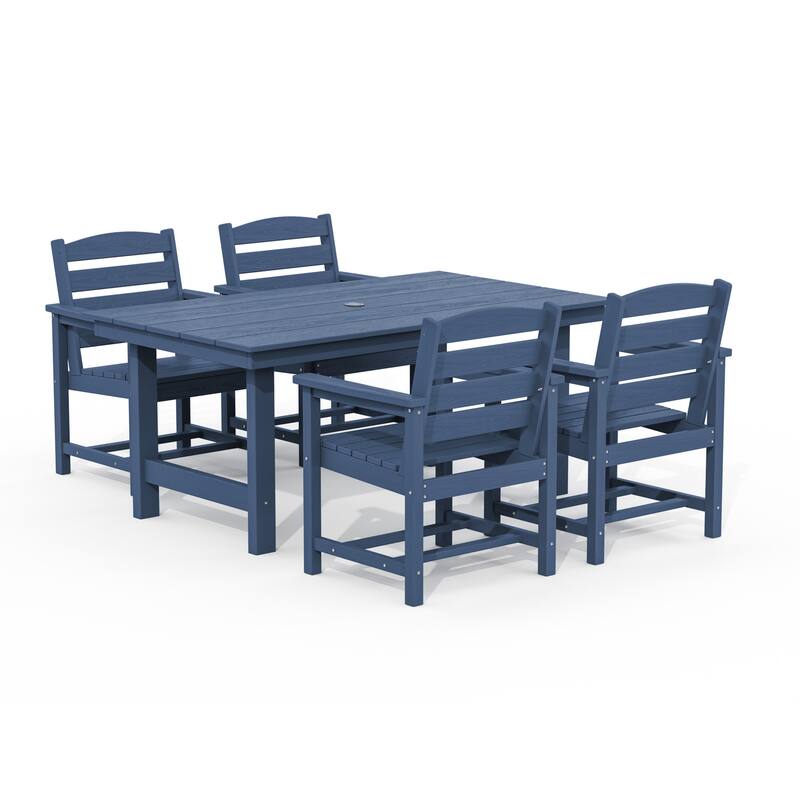5-Piece HDPE Outdoor Dining Table Sets with Umbrella Hole - 1-Table 4-Chairs - Navy