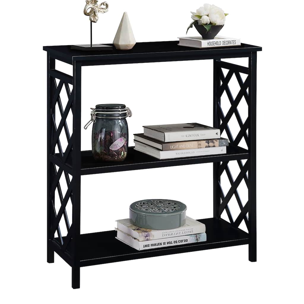 Console Table 3-Tier with Storage Shelves,Open Bookshelf Bookcase with Solid Wood Legs