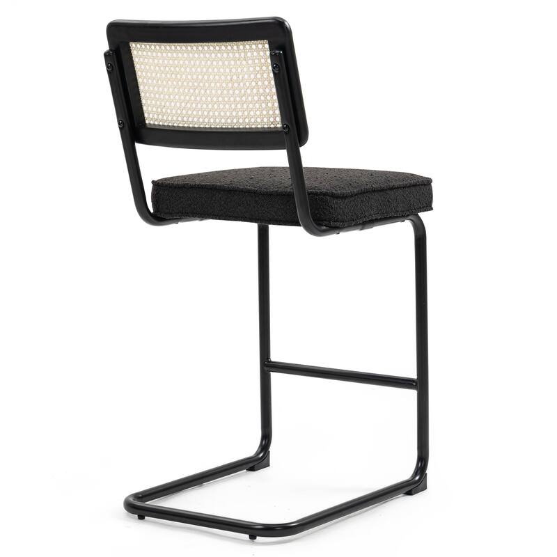 Set of 2 Ayers Black Fabric Counter Stool with Rattan Backrest and Black Steel Legs